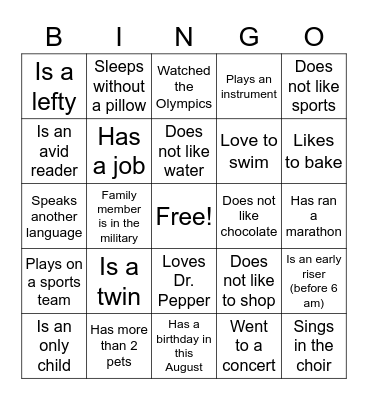 First day Bingo Card