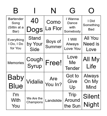 Favorite Songs Bingo Card