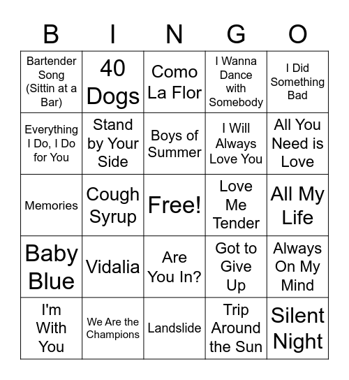 Favorite Songs Bingo Card