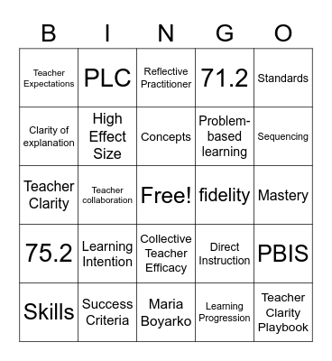 Teacher Clarity Bingo Card