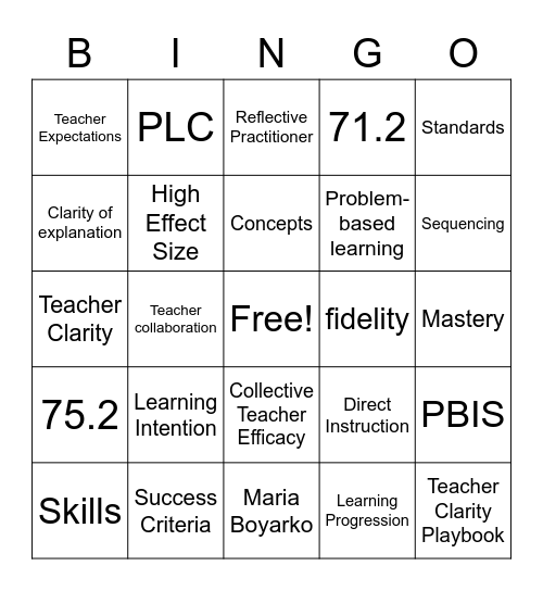 Teacher Clarity Bingo Card