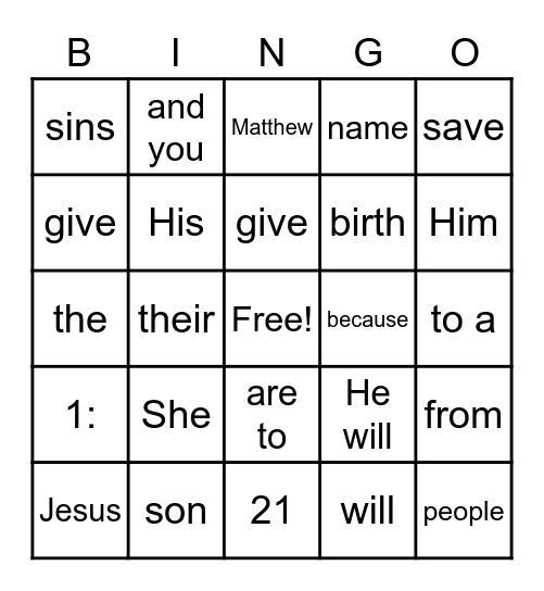 Matthew 1:21 BINGO Card