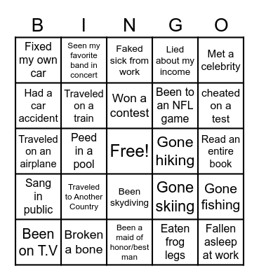 Never Have I Ever Bingo Card