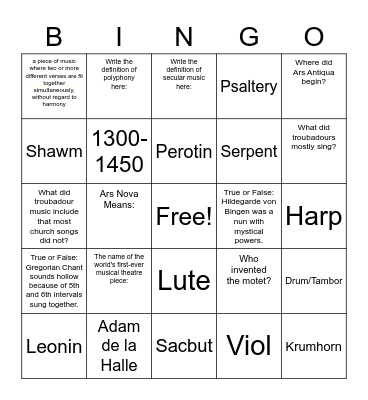 Medieval Notes Bingo Card