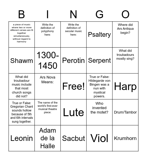 Medieval Notes Bingo Card