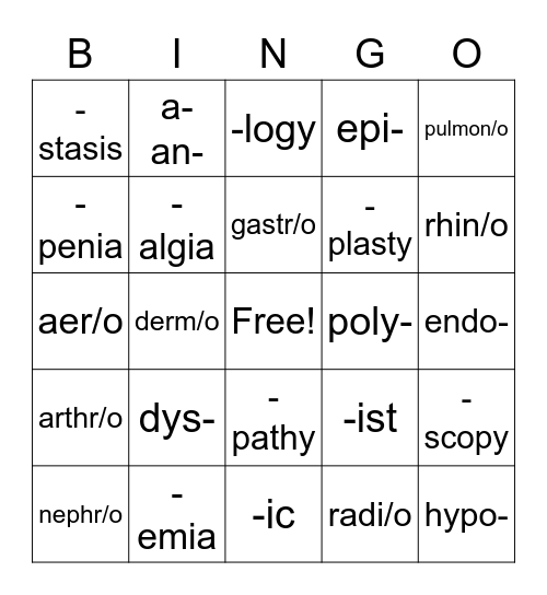 Medical Terminology STJ Bingo Card