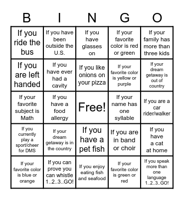 1st Day of School Bingo- Goes w/ 1st Day Survey Bingo Card