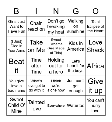 80s Music Bingo Card