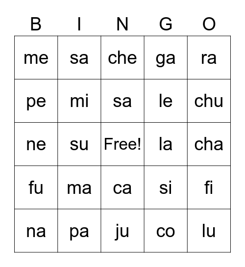 Sílabas Bingo Card