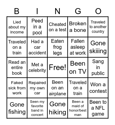 Never Have I Ever Bingo Card