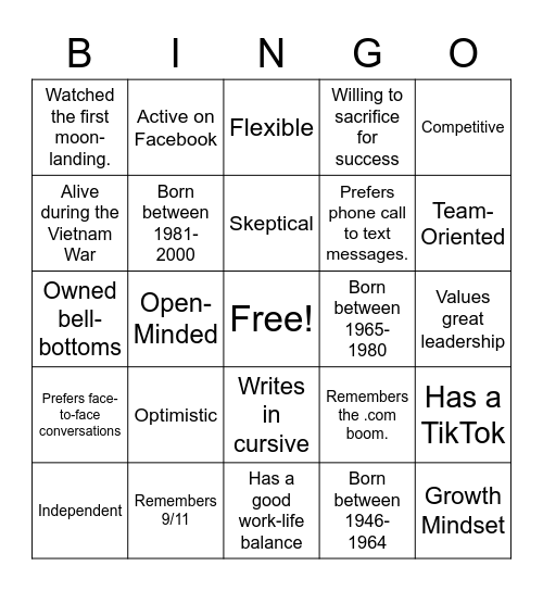 Multi-generational Workplaces Bingo Card