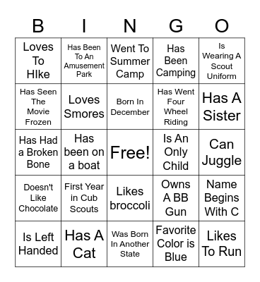 Scout "Get to know you" Bingo Card