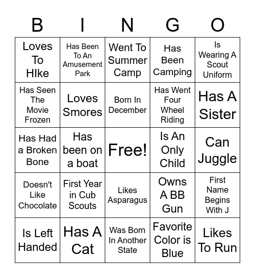 Scout "Get to know you" Bingo Card