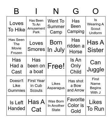 Scout "Get to know you" Bingo Card
