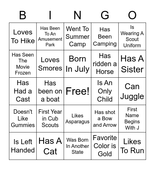 Scout "Get to know you" Bingo Card
