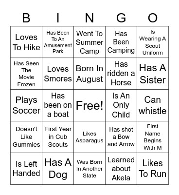 Scout "Get to know you" Bingo Card