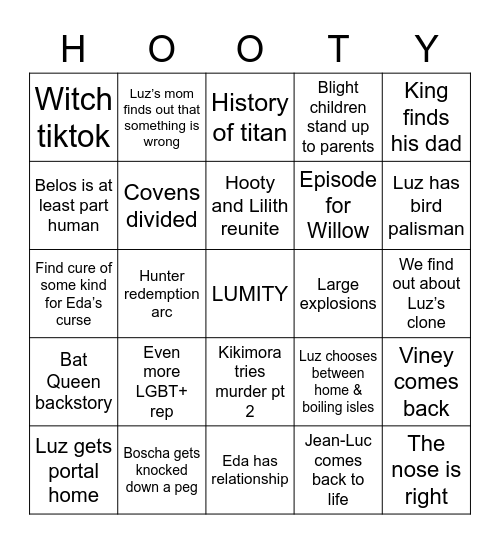 Amanda’s TOH S2 Predictions Bingo Card