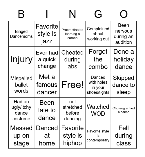 UC Merced Dance Team Bingo Card