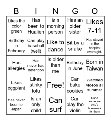 Class Bingo Card