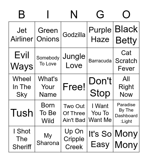 60s & 70s Rock Bingo Card