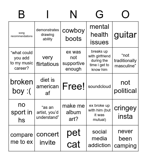 musician trying to date me Bingo Card