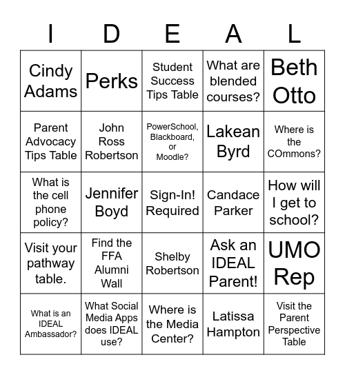 IDEAL Parent Night-Be a BIG I-Deal! Bingo Card