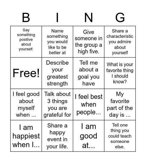 Self Esteem Bingo Card