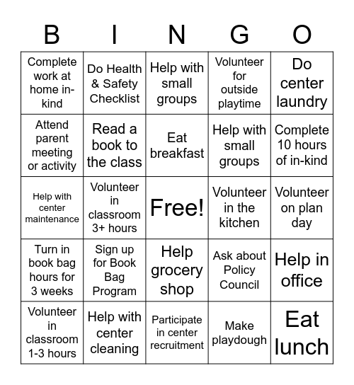 Parent In-Kind Bingo Card