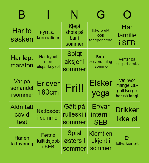 Bingo - Tema: Sommer og bli kjent - Få fem på rad Bingo Card