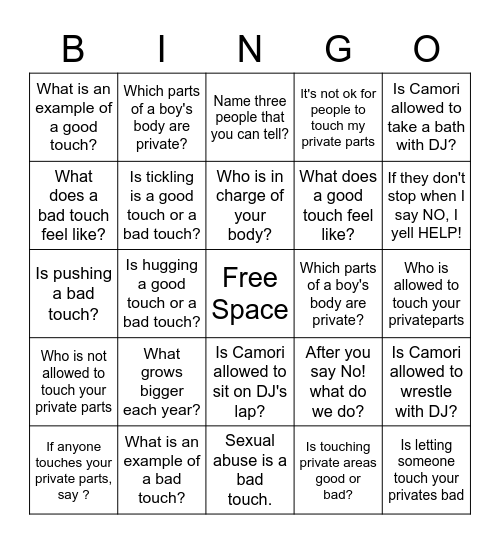 Good Touch, Bad Touch Bingo Card