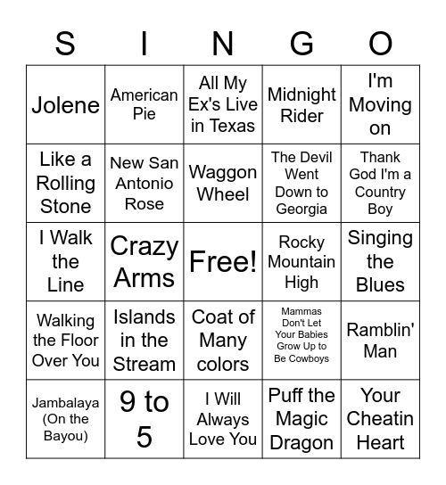 Country/Folk Singo Bingo Card