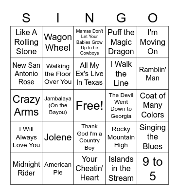 Country/Folk Singo Bingo Card