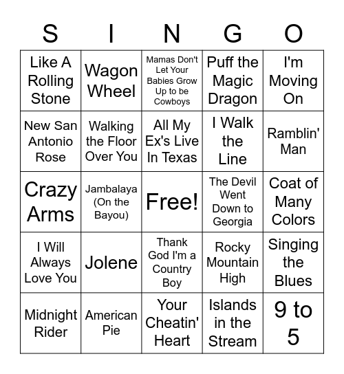 Country/Folk Singo Bingo Card