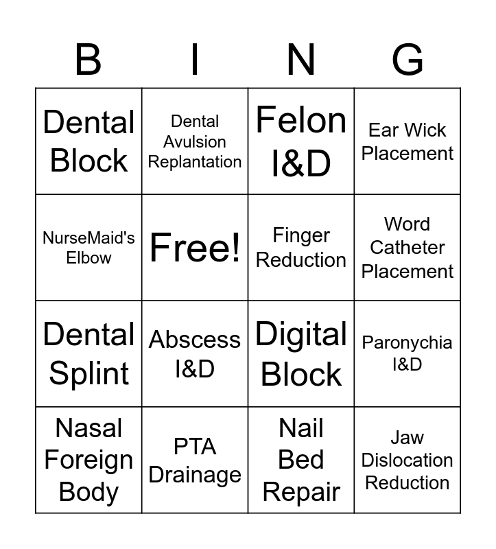 Procedure Bingo Card
