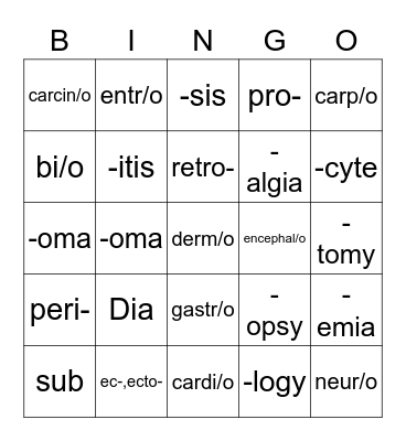 Medical Terminology Bingo Card