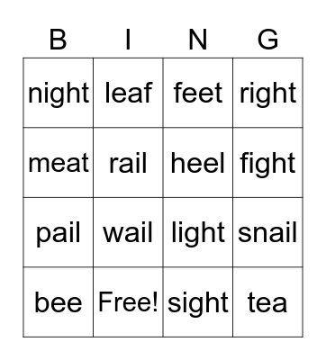 Long Vowels ail, ight, ee and ea Bingo Card