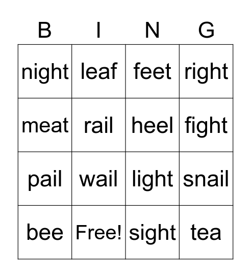 Long Vowels ail, ight, ee and ea Bingo Card