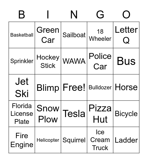 Vacation Car BINGO Card