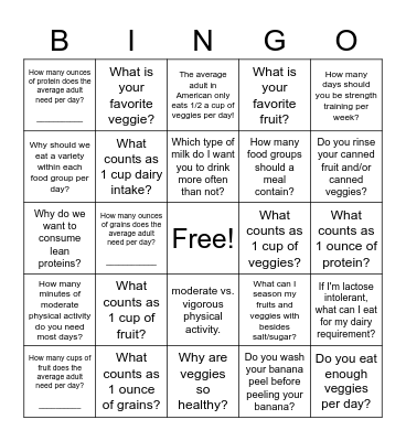 MyPlate Bingo Adults Bingo Card