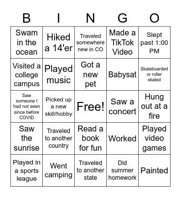 Senior Summer Bingo Card