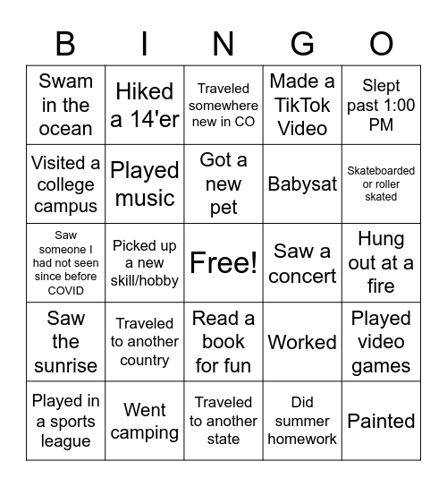 Senior Summer Bingo Card