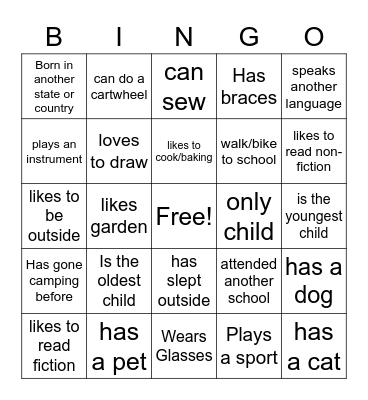 Get to know you Bingo Board Bingo Card