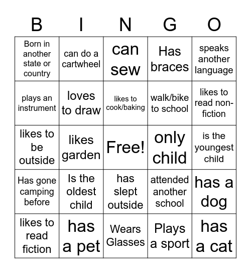 Get to know you Bingo Board Bingo Card