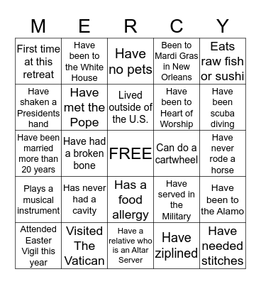 Annual St Laurence School Retreat Mercy Bingo Card