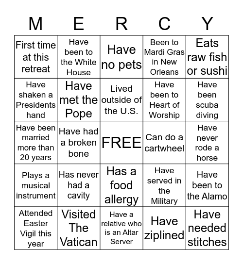 Annual St Laurence School Retreat Mercy Bingo Card