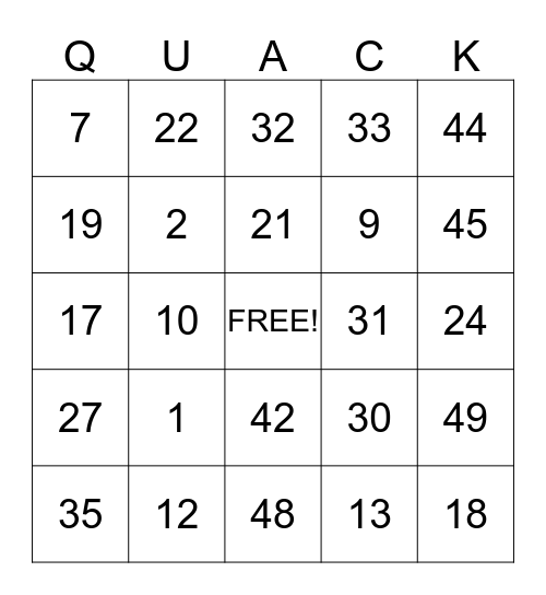 Math Quack  Bingo Card