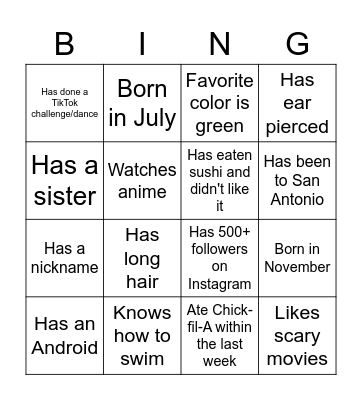 Back to School Bingo Card