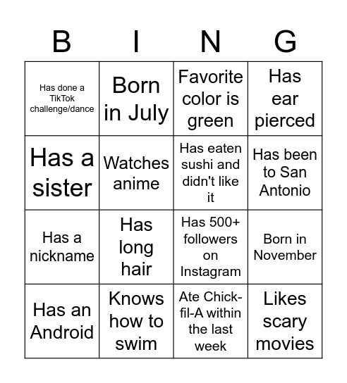 Back to School Bingo Card