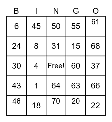 BINGO 1 - 75 Bingo Card