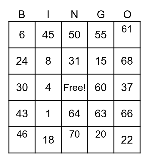 BINGO 1 - 75 Bingo Card